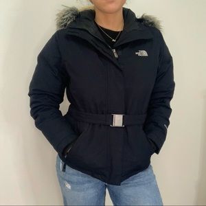 North Face Black Down Feather Winter Coat w Belt Size Small